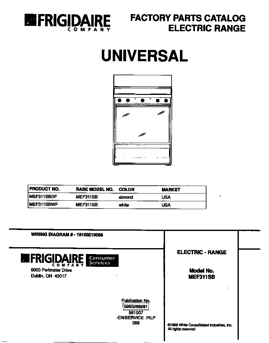 Universal/Multiflex (Frigidaire) MEF311SBWF cover diagram