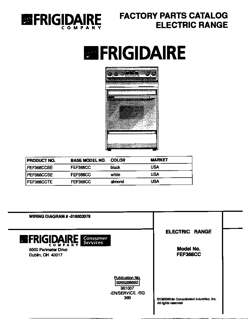 Frigidaire FEF368CCTE cover diagram