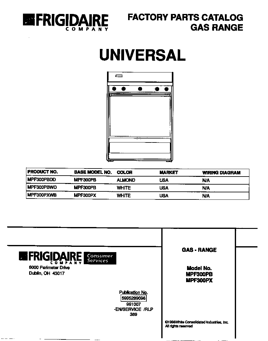 Universal/Multiflex (Frigidaire) MPF300PBWD cover diagram
