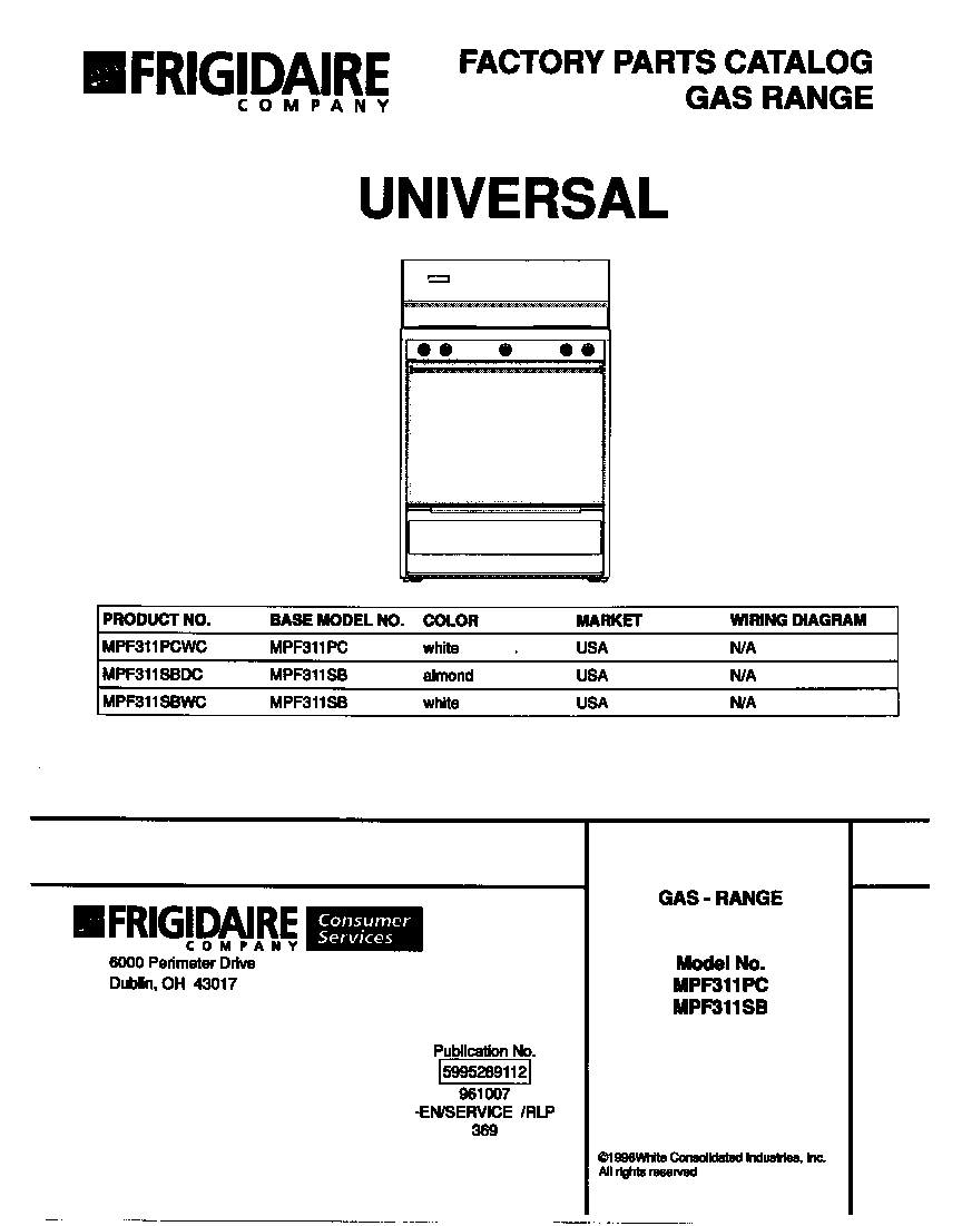 Universal/Multiflex (Frigidaire) MPF311SBDC cover diagram