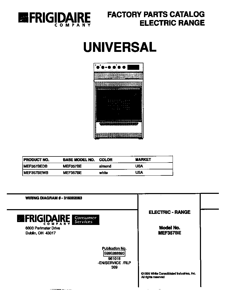 Universal/Multiflex (Frigidaire) MEF357BEWB cover diagram