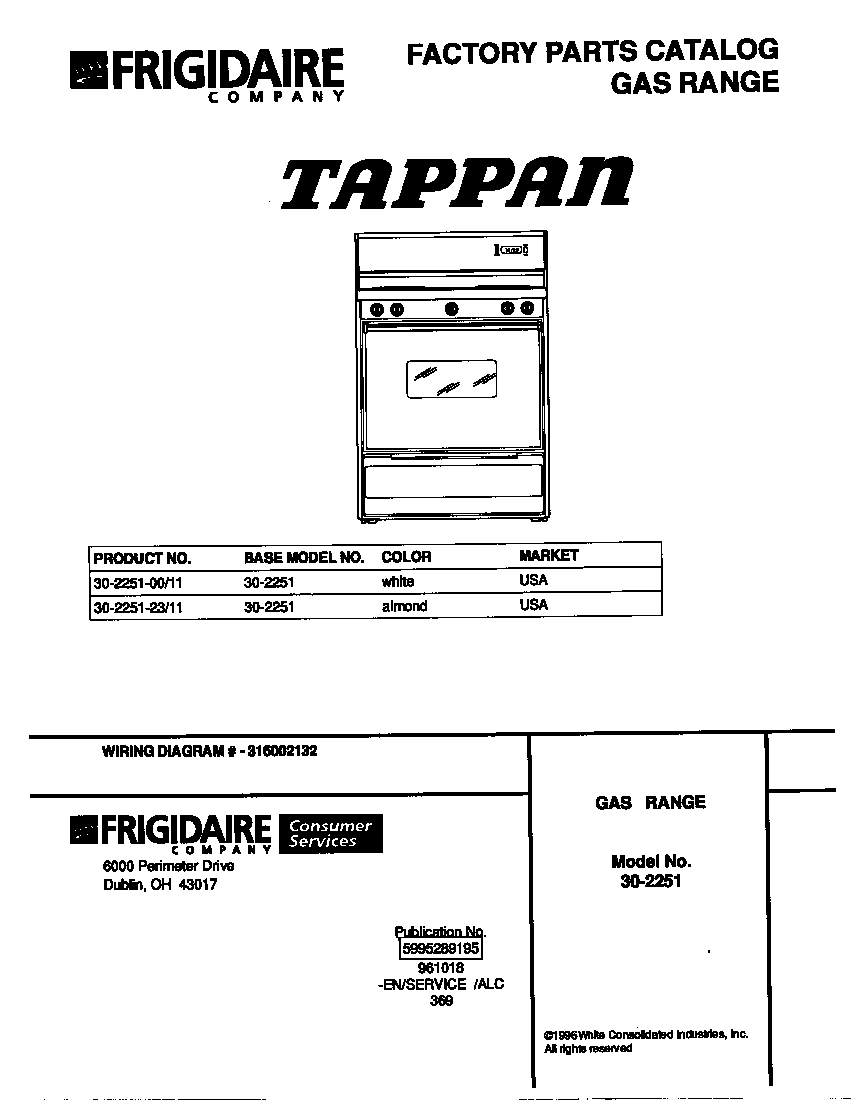 Tappan 30-2251-00-11 cover diagram