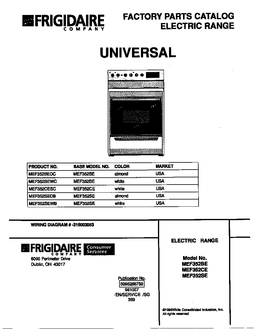 Universal/Multiflex (Frigidaire) MEF352BEWC cover diagram