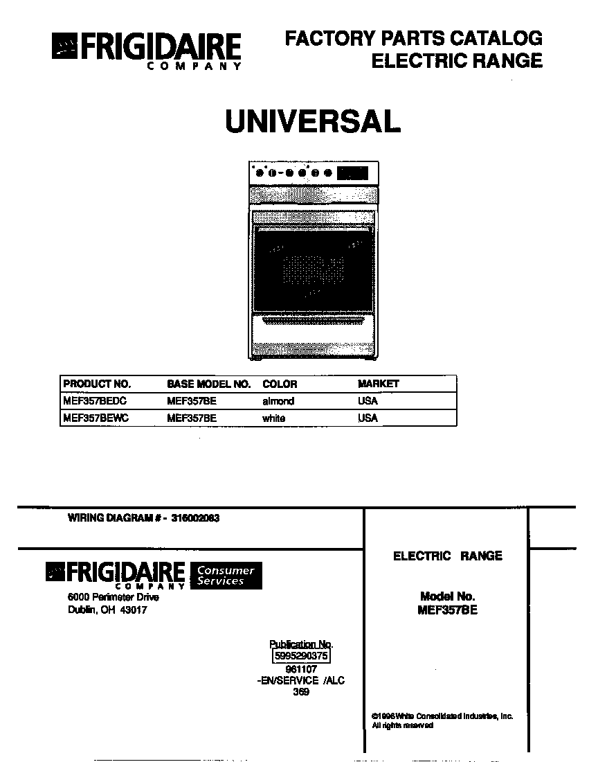 Universal/Multiflex (Frigidaire) MEF357BEWC cover diagram