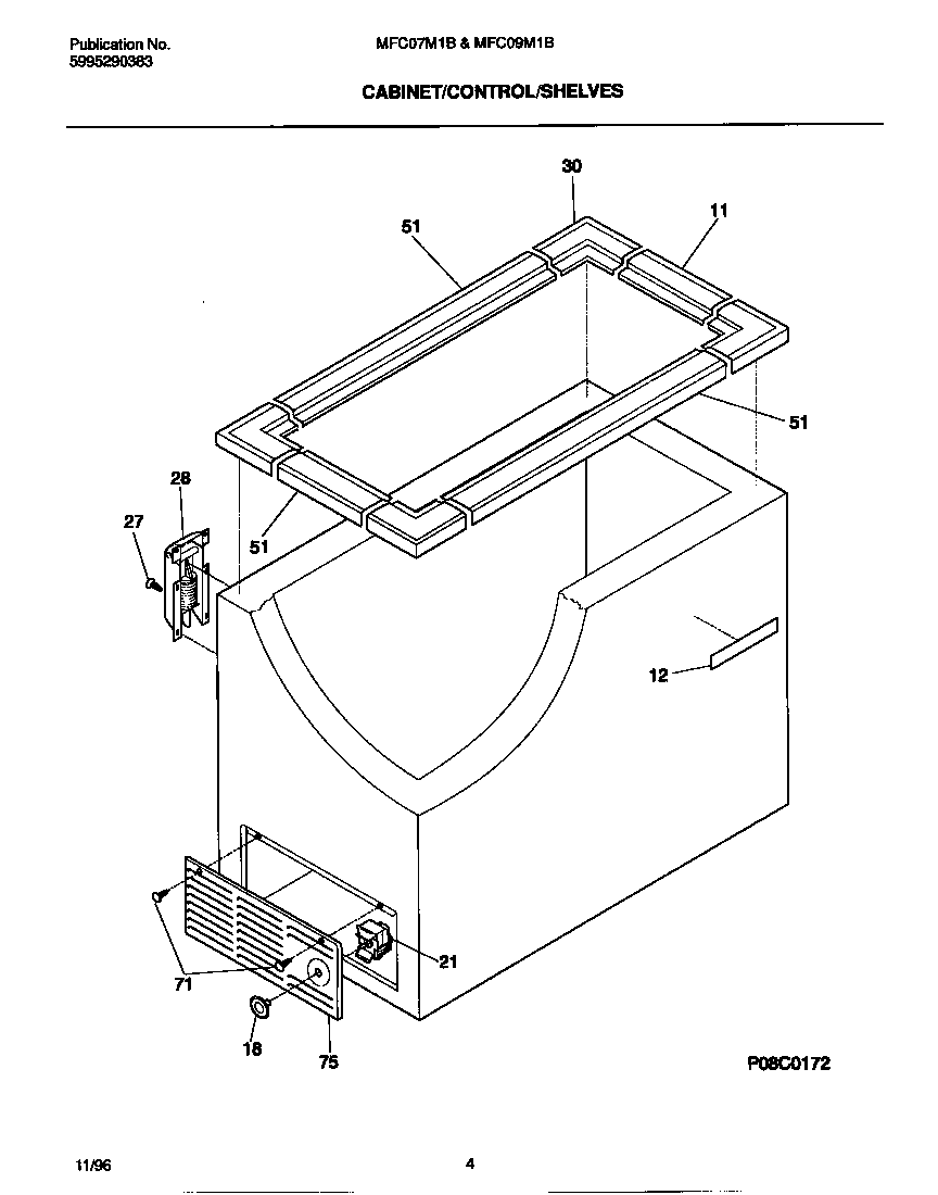 Universal/Multiflex (Frigidaire) MFC09M1BW3 cabinet/control/shelves diagram