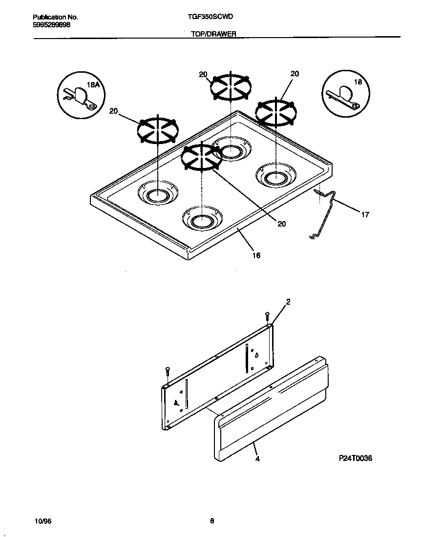 Tappan TGF350SCWD top/drawer diagram