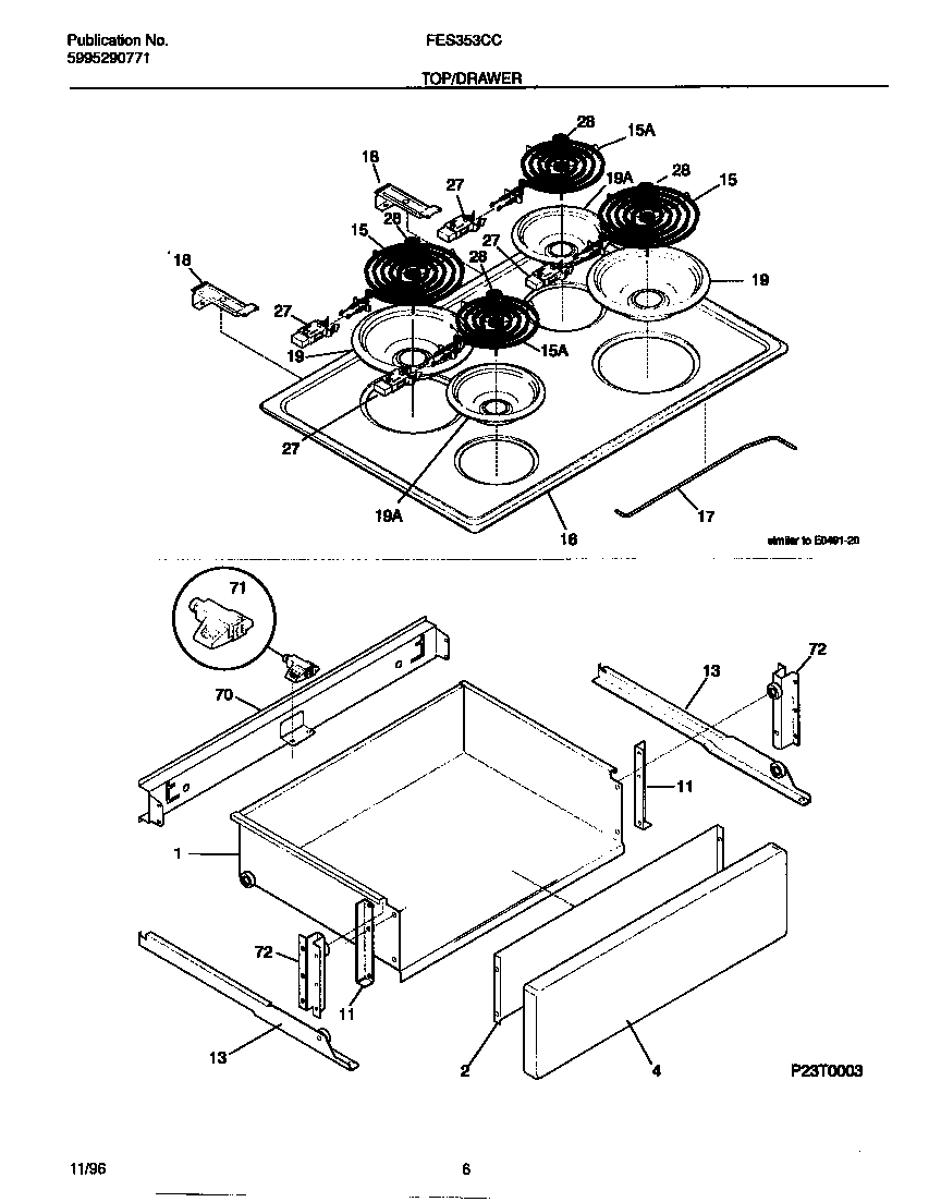 Frigidaire FES353CCDG top/drawer diagram