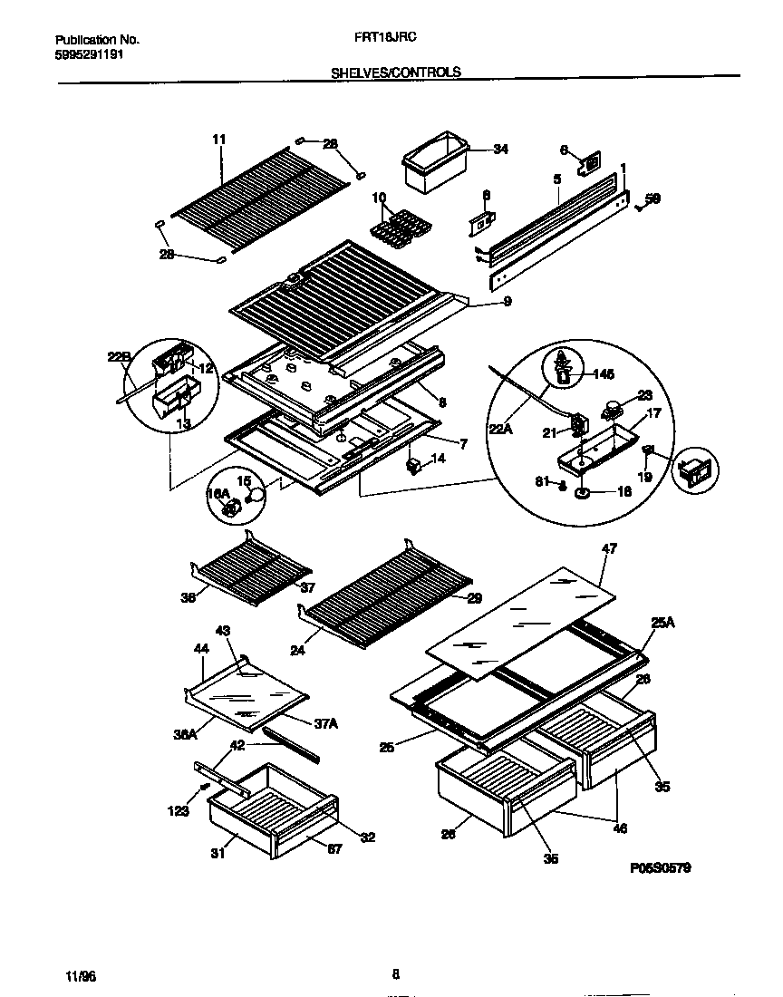 Frigidaire FRT18JRCW3 shelves/controls diagram