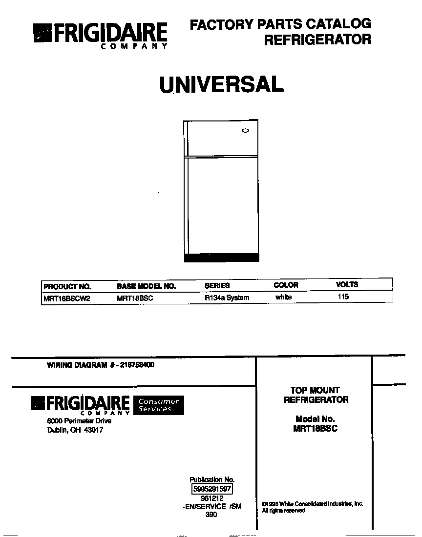 Universal/Multiflex (Frigidaire) MRT18BSCW2 cover diagram