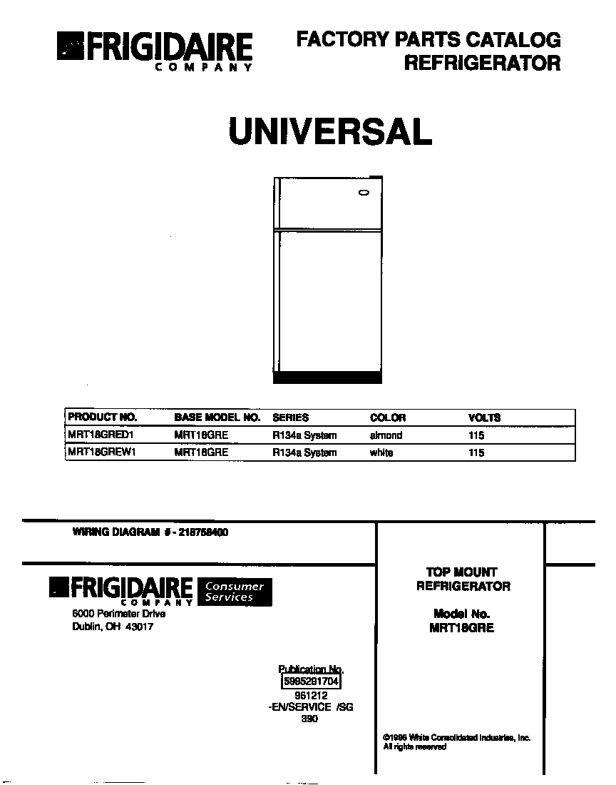 Universal/Multiflex (Frigidaire) MRT18GRED1 cover diagram