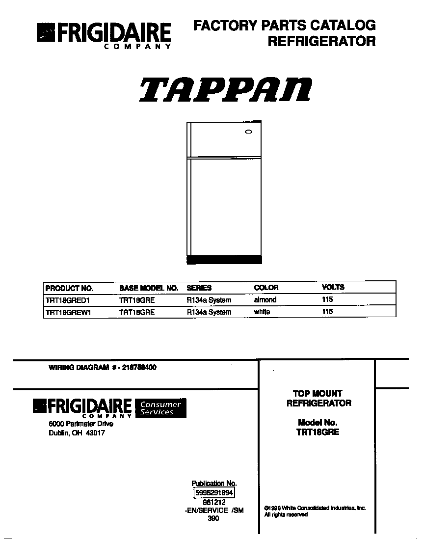Tappan TRT18GRED1 cover diagram