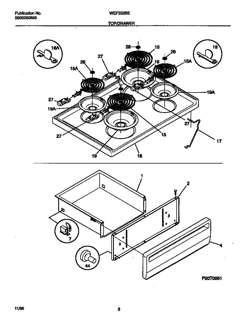 White-Westinghouse WEF352BEDC top/drawer diagram