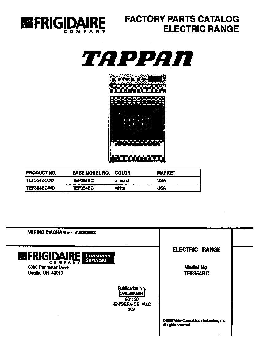 Tappan TEF354BCDD cover diagram