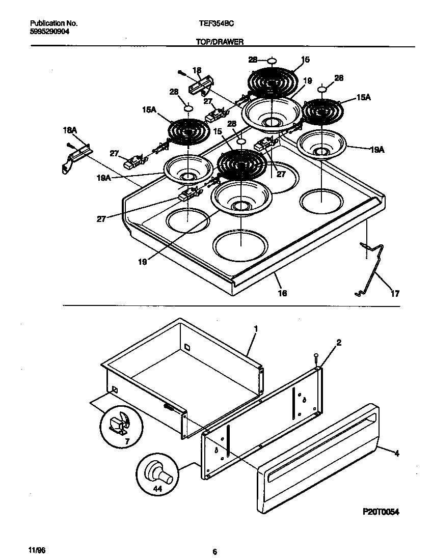Tappan TEF354BCDD top/drawer diagram