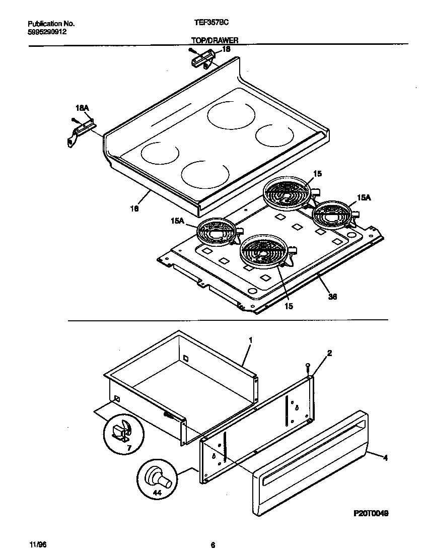 Tappan TEF357BCDD top/drawer diagram