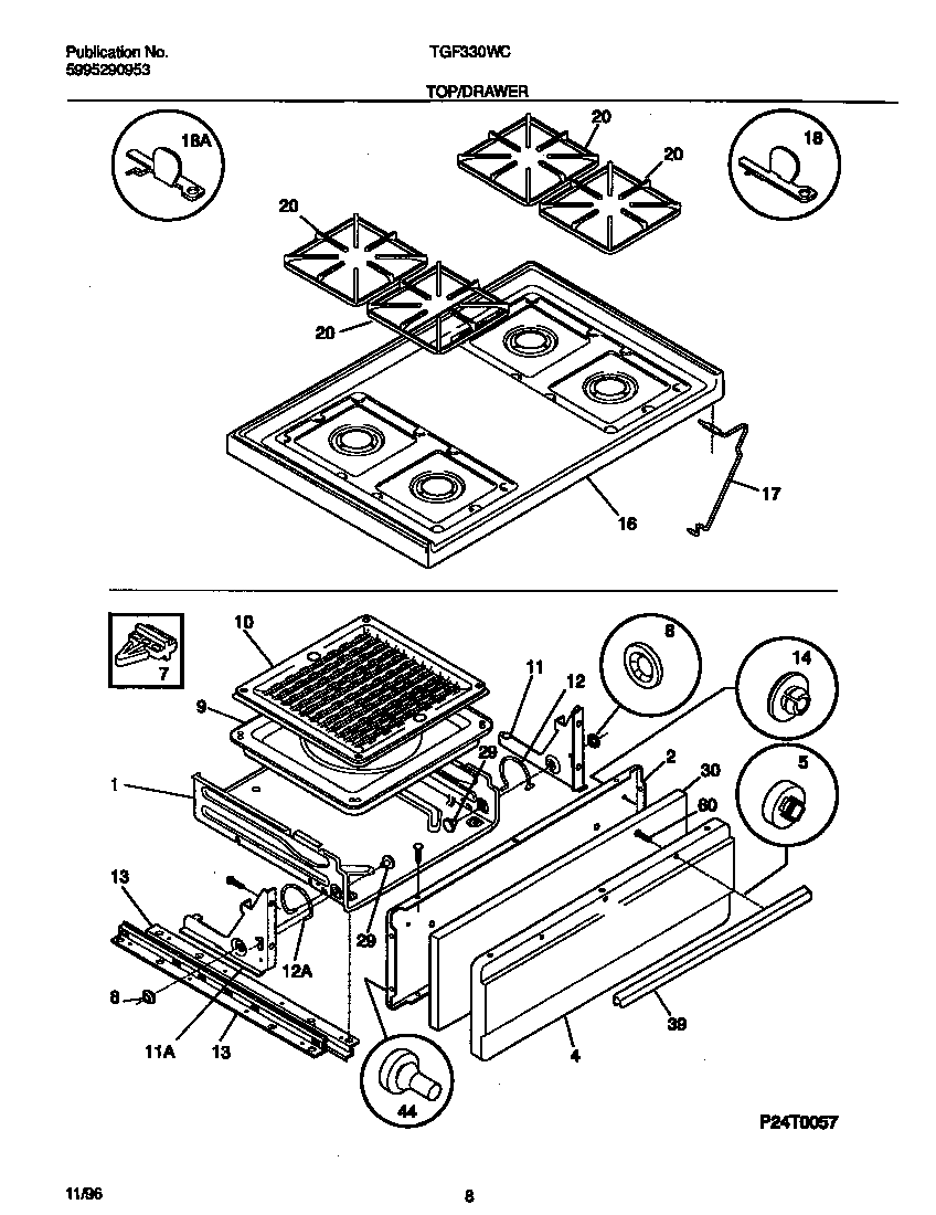 Tappan TGF330WCWD top/drawer diagram