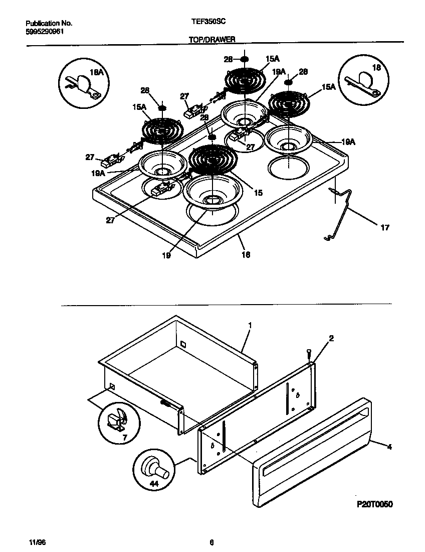 Tappan TEF350SCWD top/drawer diagram