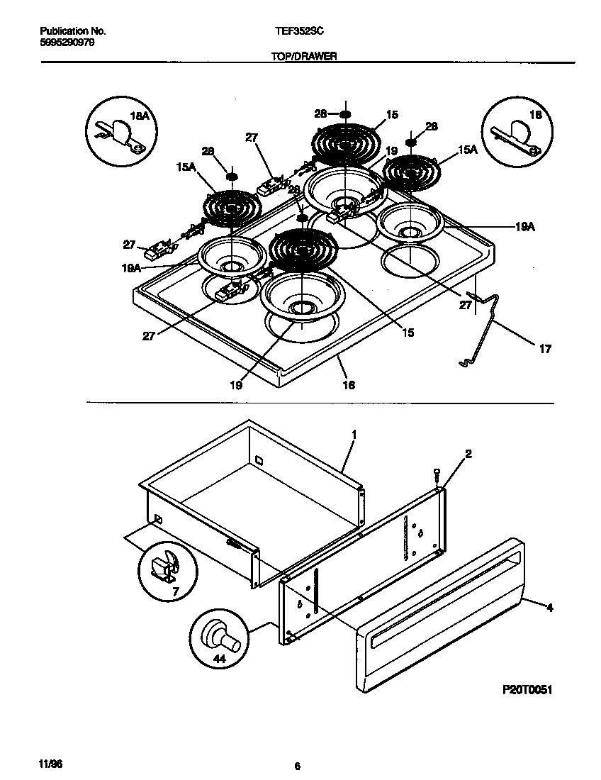 Tappan TEF352SCDD top/drawer diagram