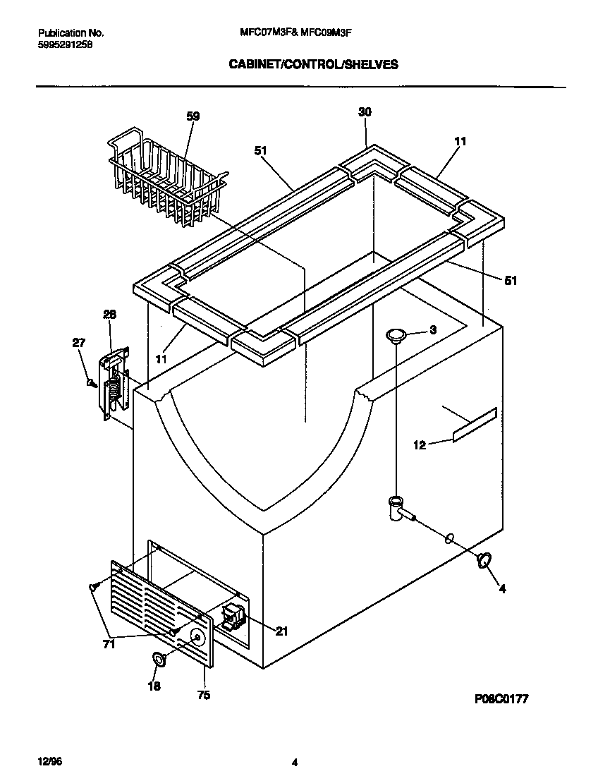 Universal/Multiflex (Frigidaire) MFC09M3FW0 cabinet/control/shelves diagram