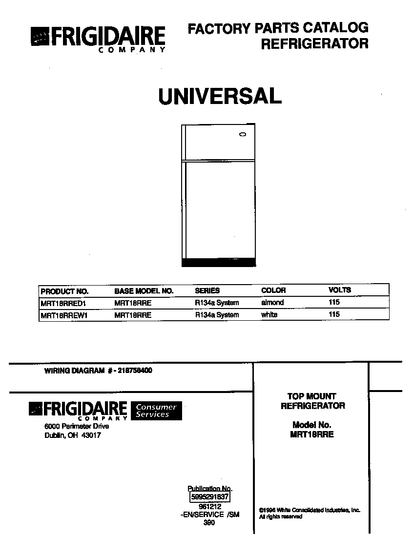 Universal/Multiflex (Frigidaire) MRT18RRED1 cover diagram