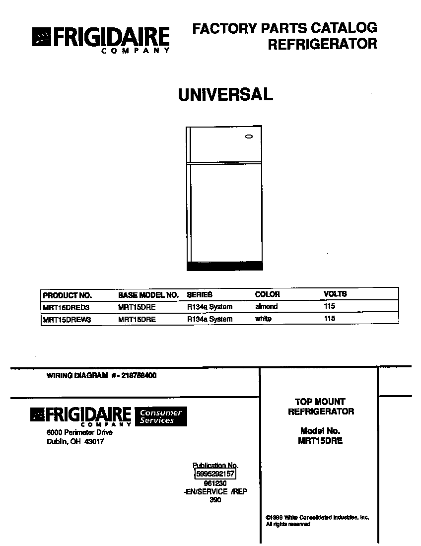 Universal/Multiflex (Frigidaire) MRT15DREW3 cover diagram