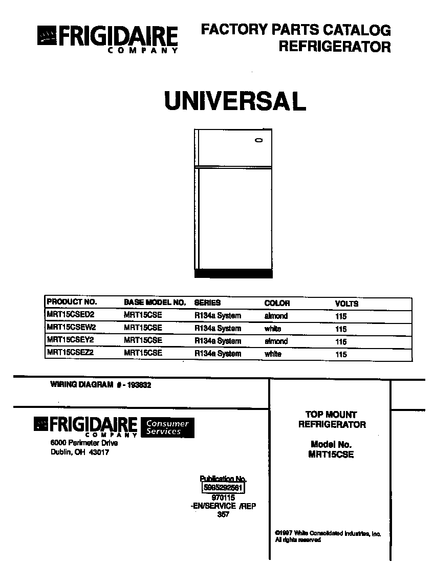 Universal/Multiflex (Frigidaire) MRT15CSEW2 cover diagram