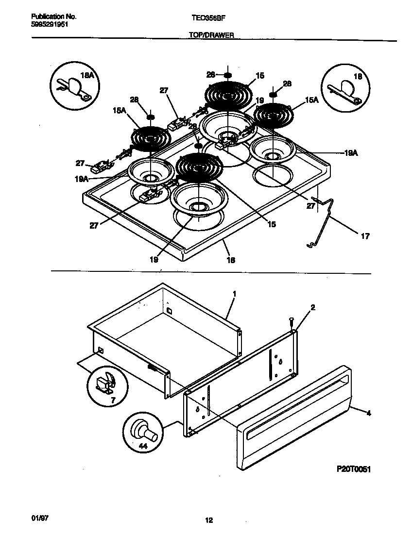 Tappan TEO356BFWA top/drawer diagram