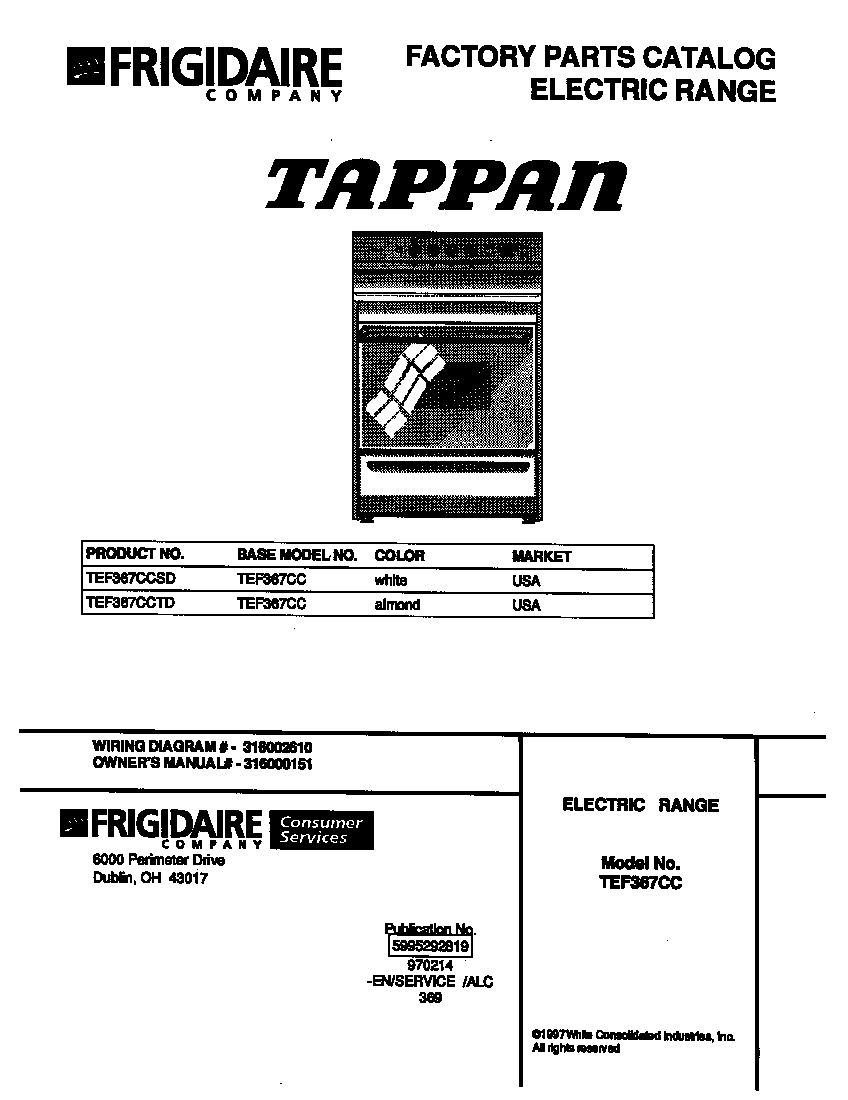 Tappan TEF367CCSD cover diagram