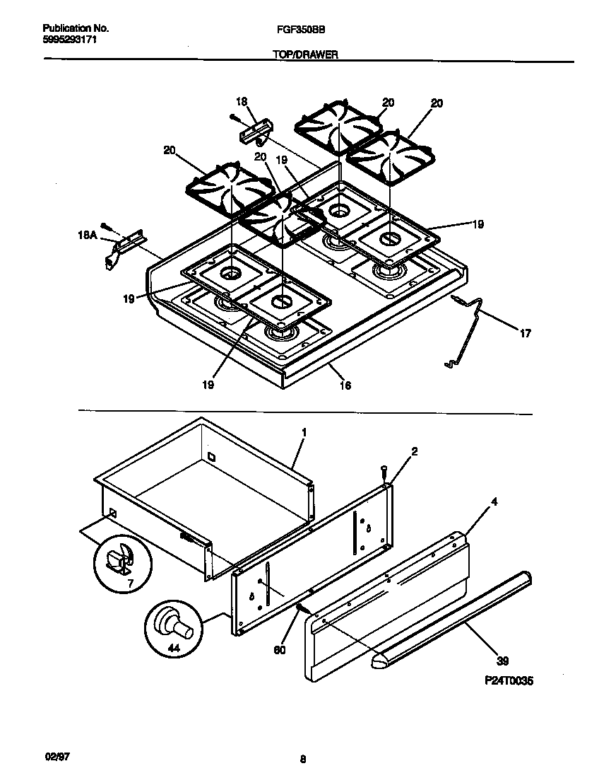 Frigidaire FGF350BBDE top-drawer diagram
