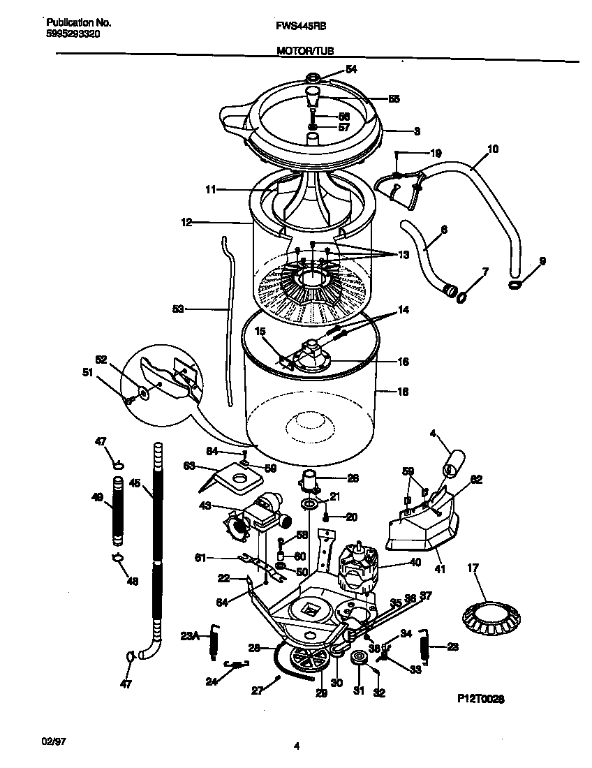 Frigidaire FWS445RBS4 motor/tub diagram