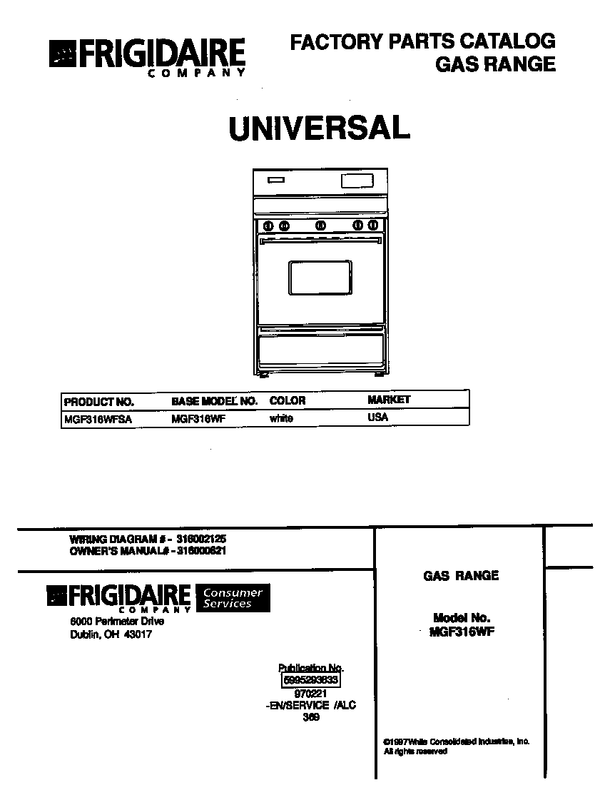 Universal/Multiflex (Frigidaire) MGF316WFSA cover diagram