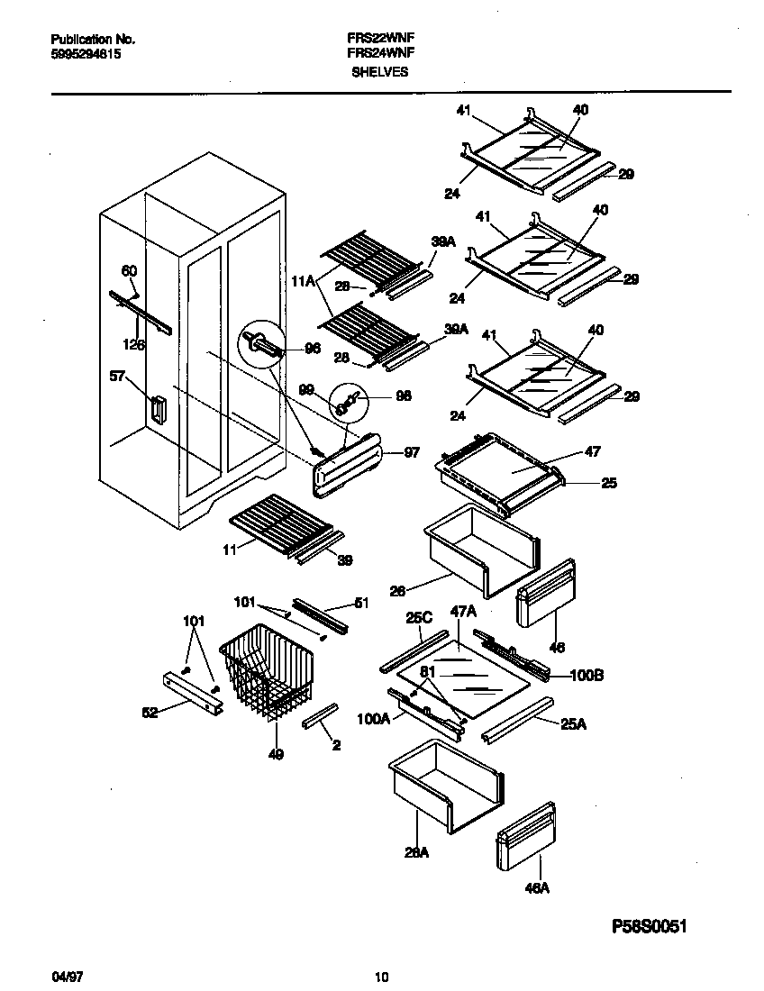Frigidaire FRS24WNFW1 shelves diagram