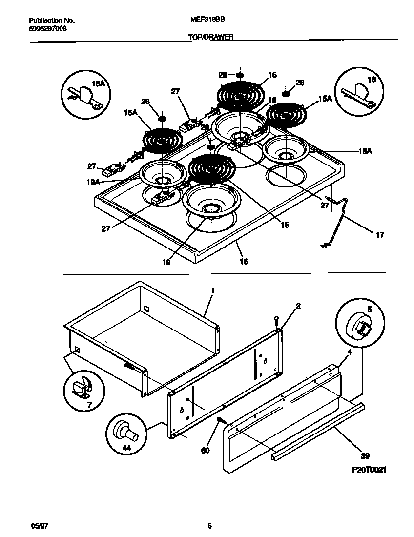 Universal/Multiflex (Frigidaire) MEF318BBDF top/drawer diagram