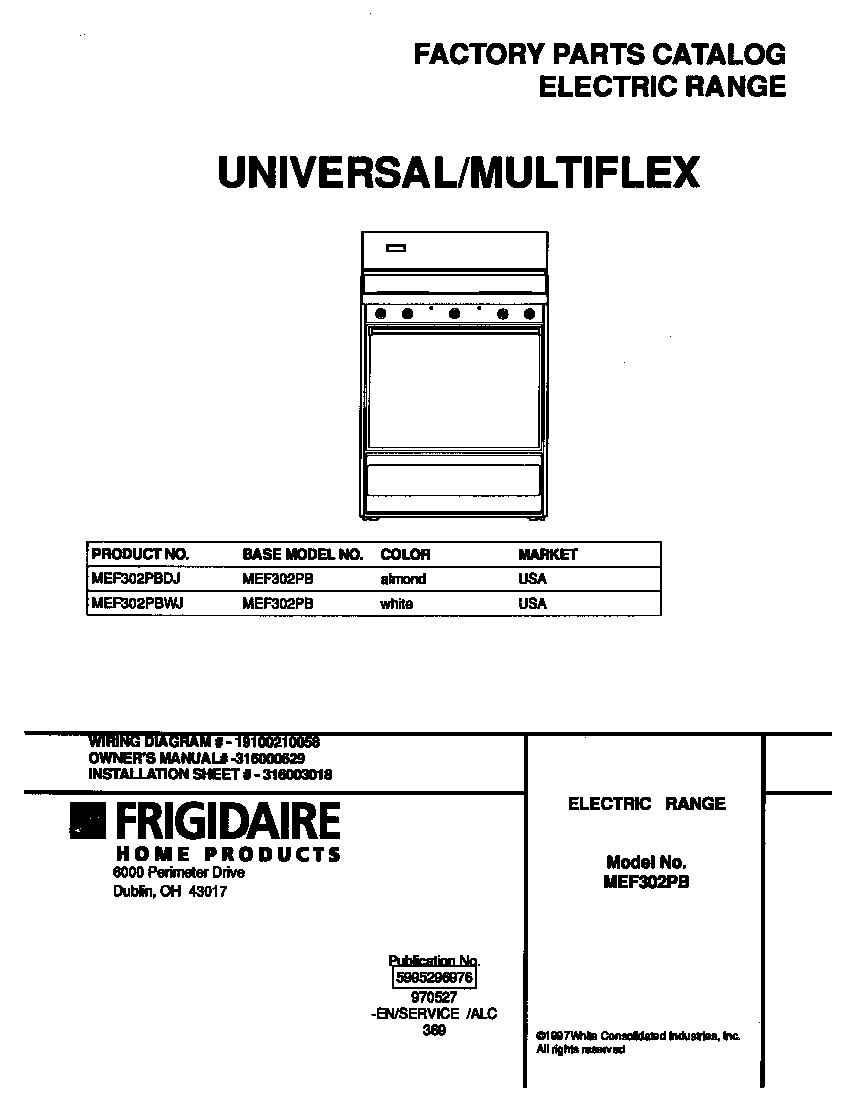 Universal/Multiflex (Frigidaire) MEF302PBDJ cover diagram
