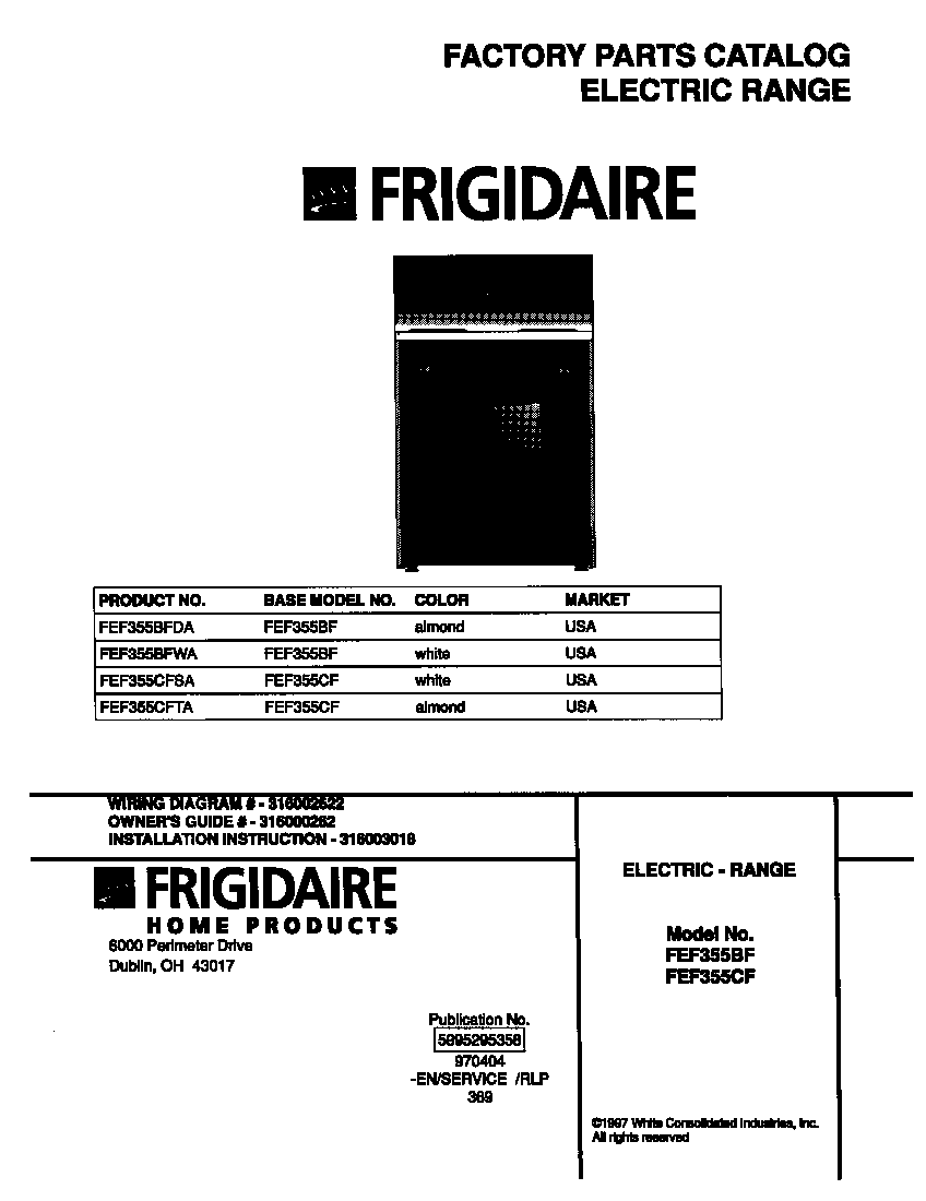Frigidaire FEF355BFDA cover diagram