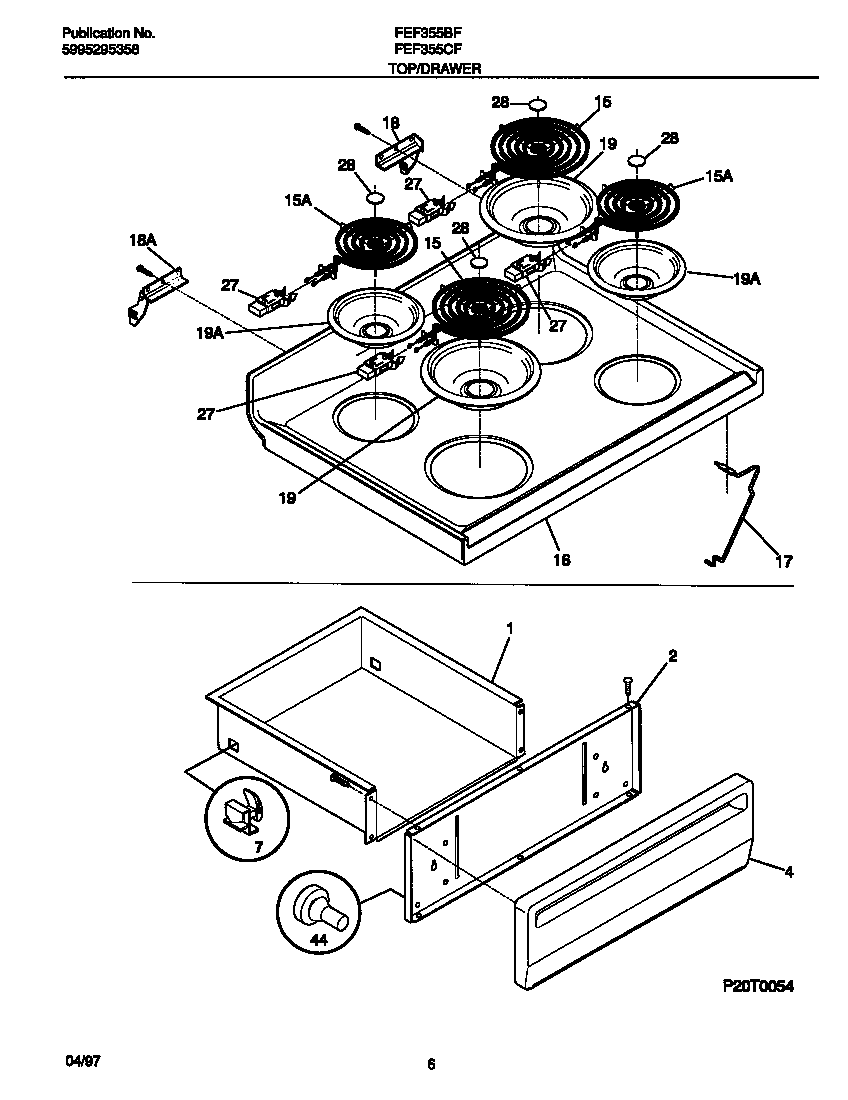 Frigidaire FEF355BFDA top/drawer diagram