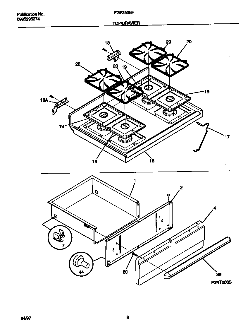 Frigidaire FGF350BFWA top/drawer diagram