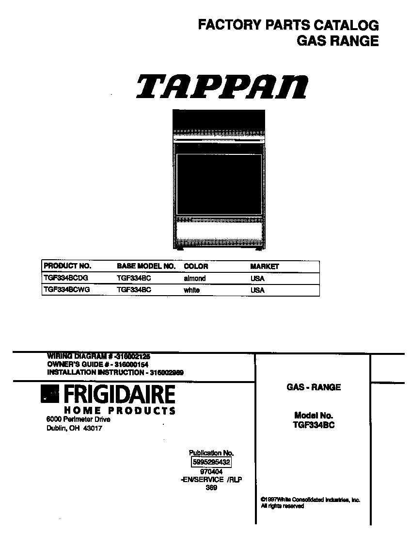 Tappan TGF334BCDG cover diagram