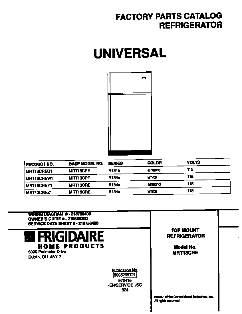 Universal/Multiflex (Frigidaire) MRT13CREW1 cover diagram