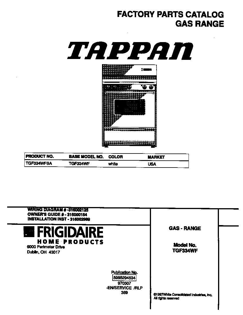 Tappan TGF334WFSA cover diagram