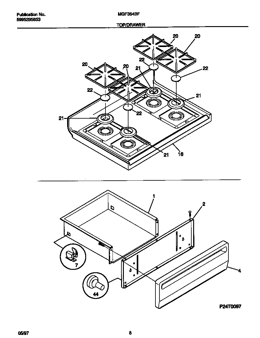 Universal/Multiflex (Frigidaire) MGF354BFWA top/drawer diagram