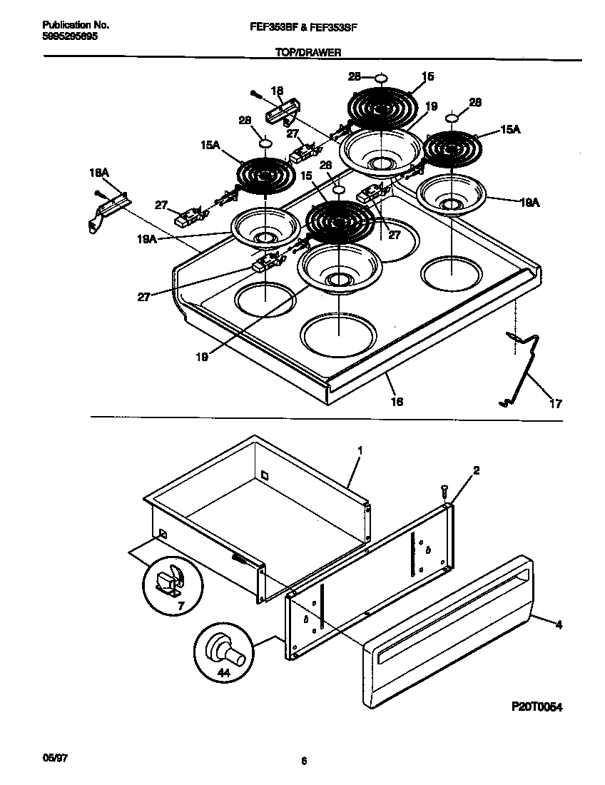 Frigidaire FEF353BFDA top/drawer diagram