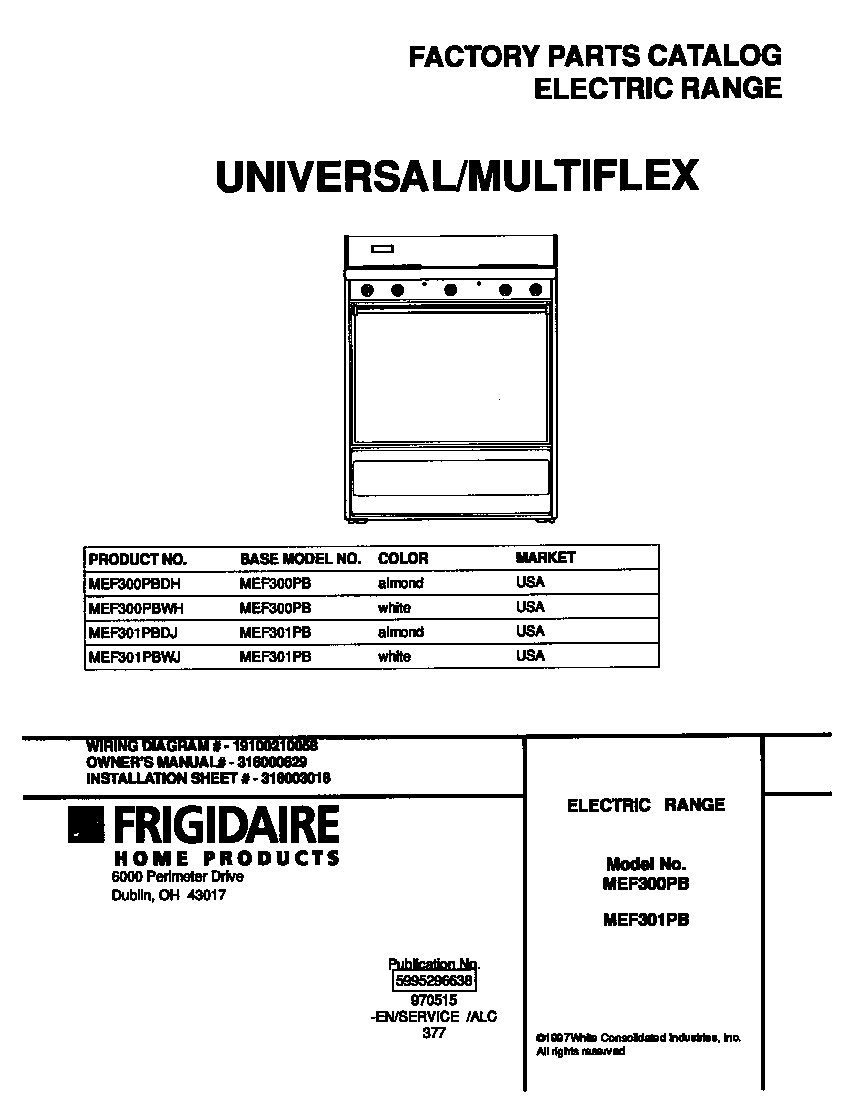 Universal/Multiflex (Frigidaire) MEF300PBDH cover diagram