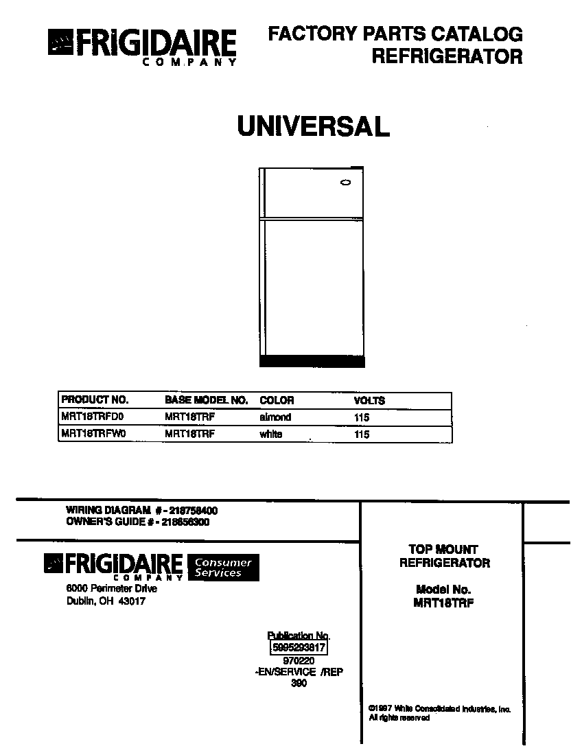 Universal/Multiflex (Frigidaire) MRT18TRFW0 cover diagram