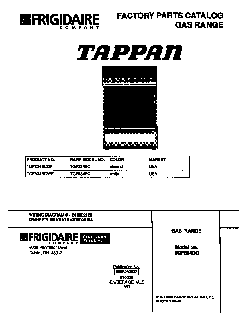 Tappan TGF334BCDF cover diagram