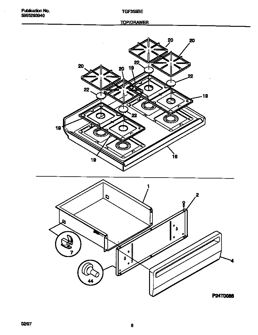 Tappan TGF355BEDC top/drawer diagram
