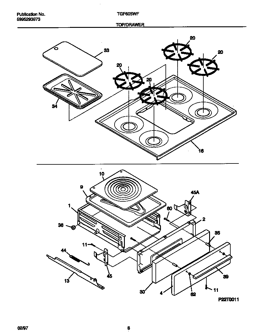 Tappan TGF605WFW1 top/drawer diagram