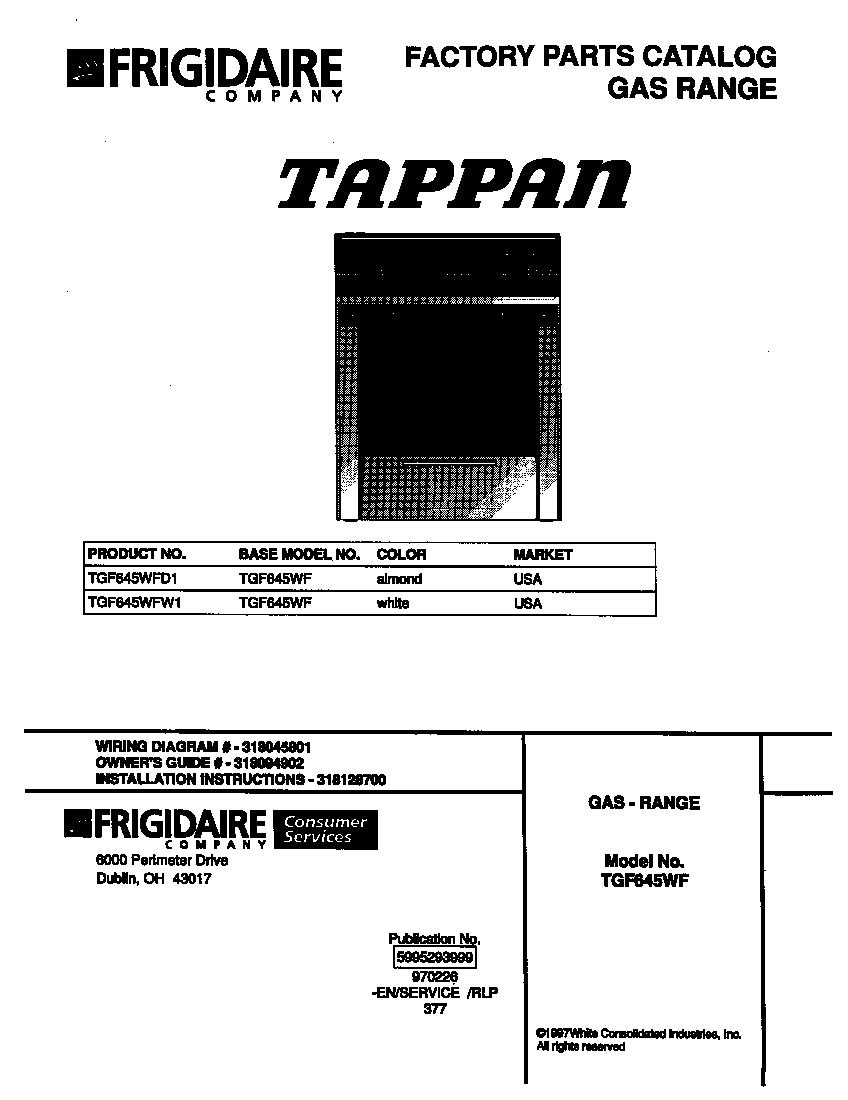 Tappan TGF645WFW1 cover diagram