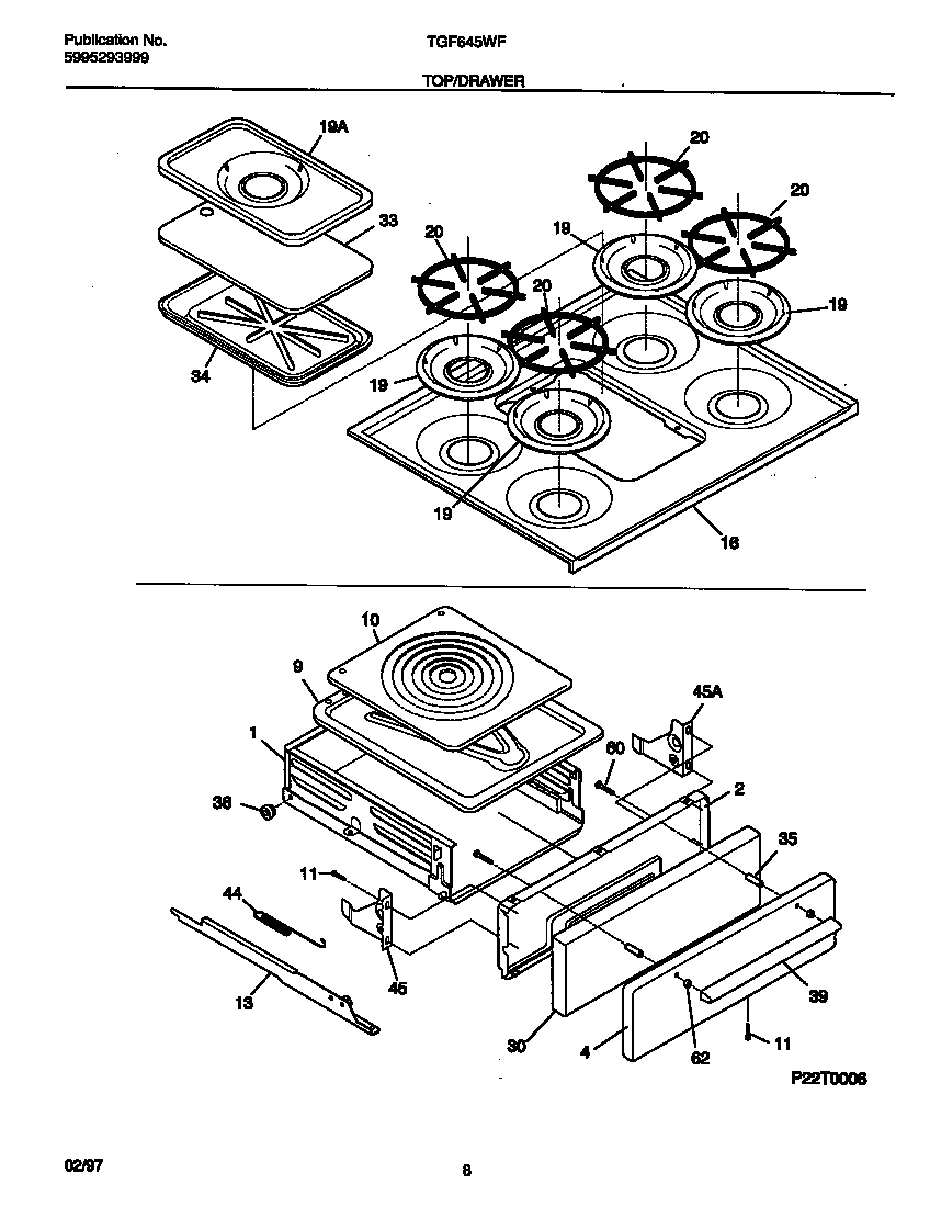 Tappan TGF645WFW1 top/drawer diagram