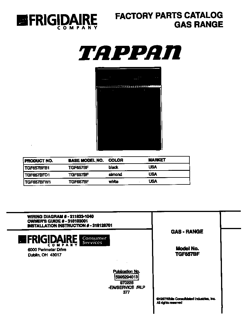 Tappan TGF657BFB1 cover diagram